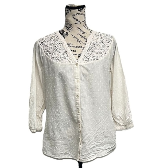 Lucky Brand Vtg Y2k Swiss Dot Crochet Blouse Boho Peasent Ethereal Beach Coastal - Picture 1 of 11